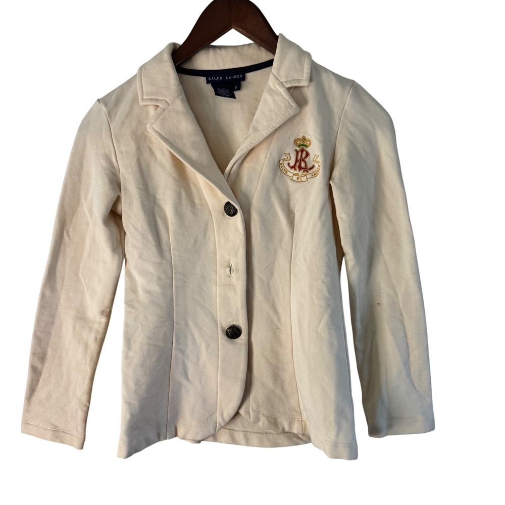 Ralph Lauren Blazer Jacket Knit Cream Button Front Embellished Logo Size S‎